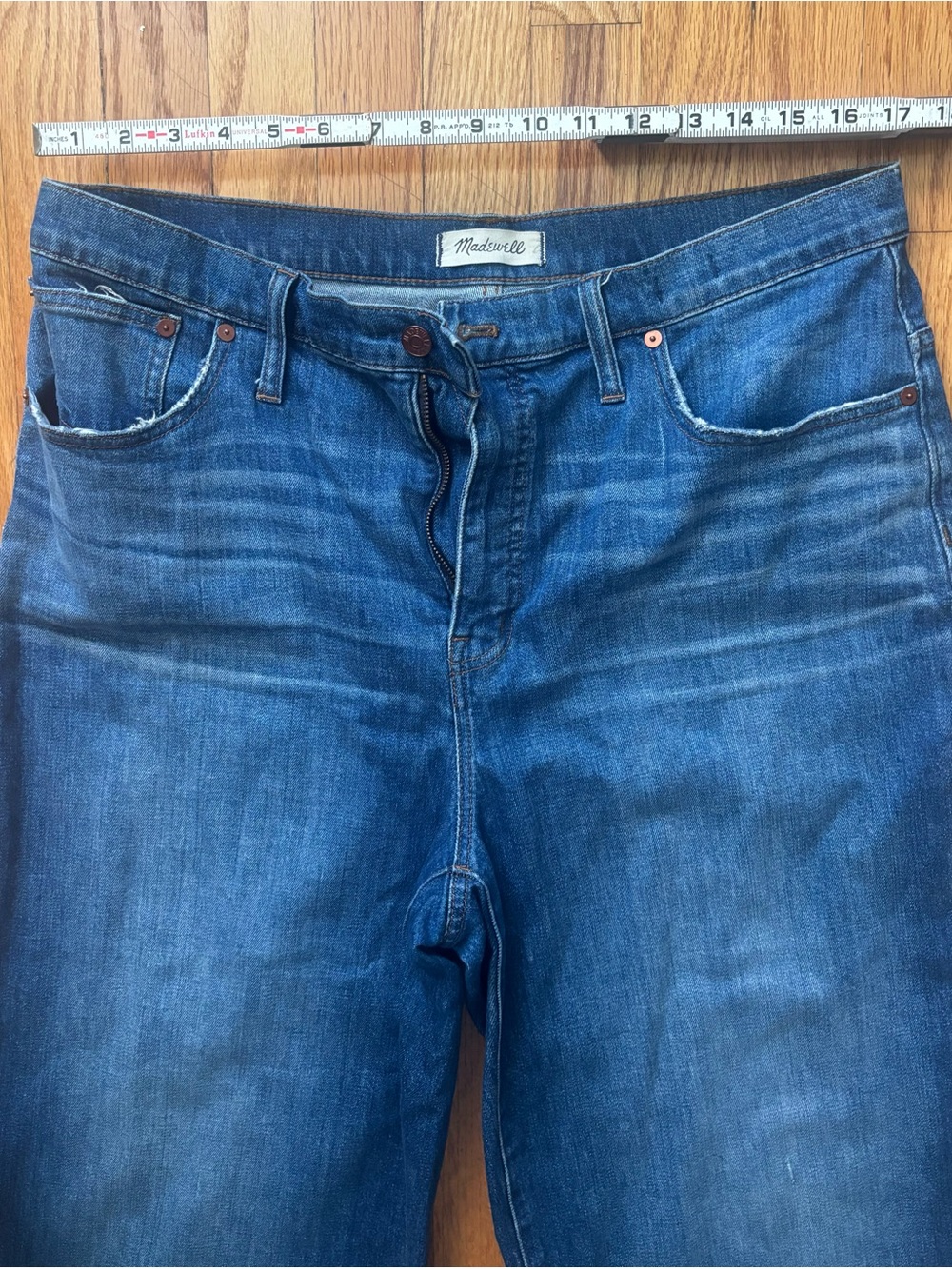 Madewell High Rise Wide Leg Crop Jeans Raw Hem Medium Wash Size 33 (Women’s 16) - Picture 8 of 10